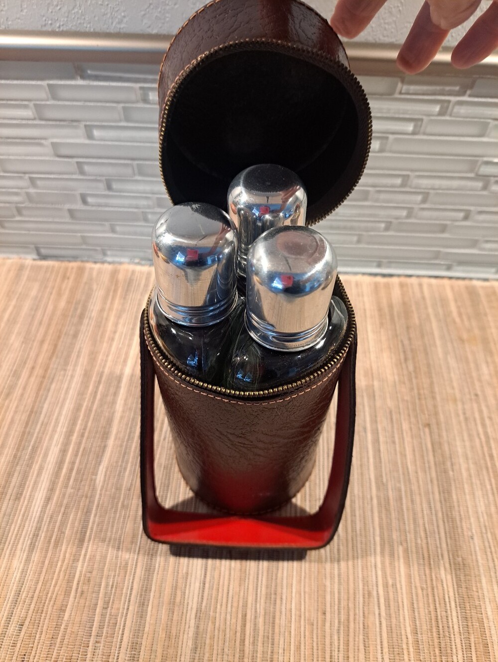 Vtg Three Glass Flasks in Brown Leather Case with Chrome Stirrup Cup Tops
